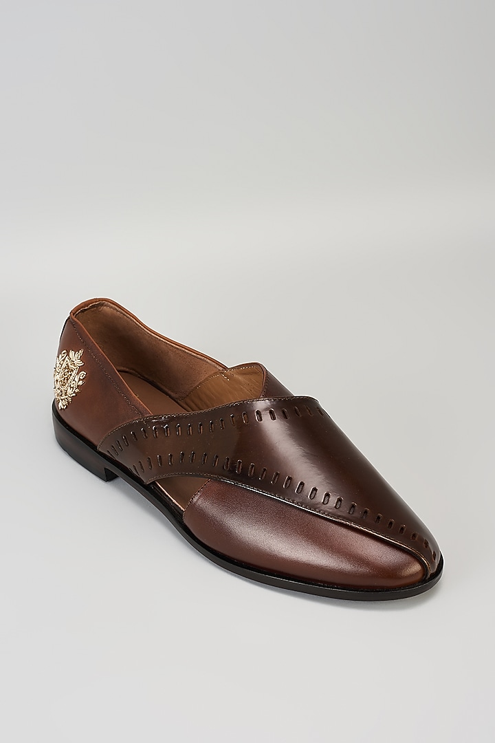 Brown Leather Embroidered Handcrafted Loafers by ARTIMEN at Pernia's Pop Up Shop