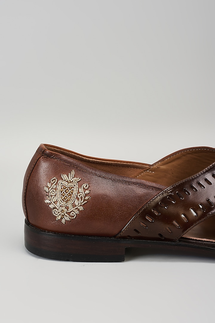 Brown Leather Embroidered Handcrafted Loafers by ARTIMEN at Pernia's Pop Up Shop