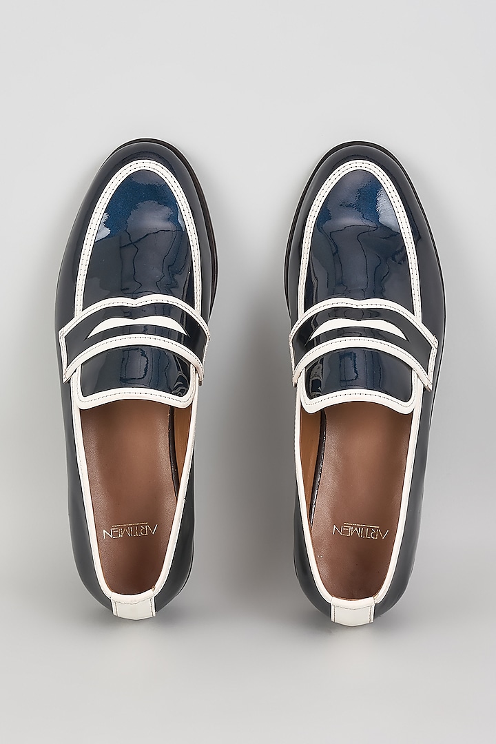 Blue & White Patent Leather Mirror Handwork Loafers by ARTIMEN at Pernia's Pop Up Shop