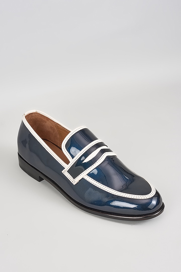 Blue & White Patent Leather Mirror Handwork Loafers by ARTIMEN at Pernia's Pop Up Shop