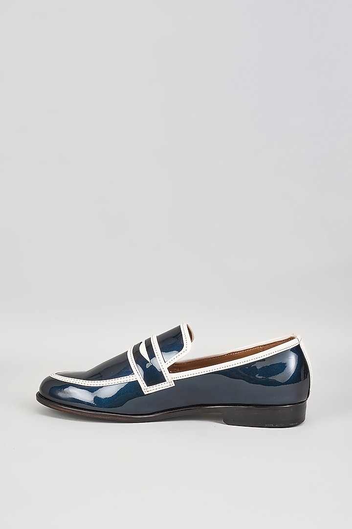 Blue & White Patent Leather Mirror Handwork Loafers by ARTIMEN at Pernia's Pop Up Shop