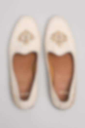 White Leather & Suede Embroidered Handcrafted Loafers by ARTIMEN