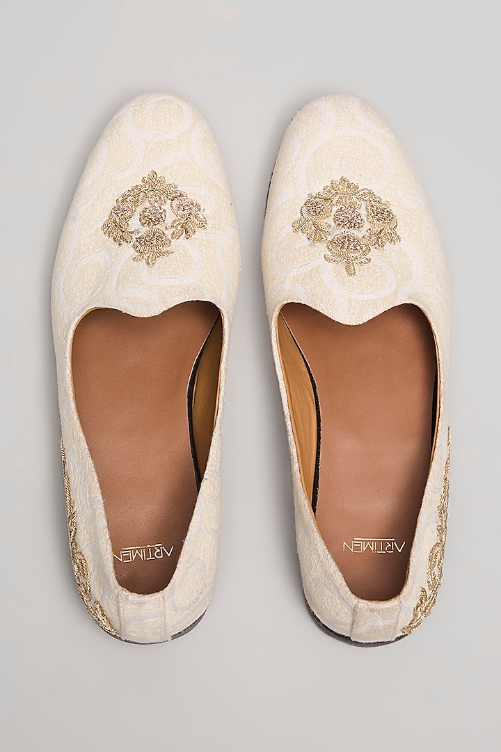 White Leather & Suede Embroidered Handcrafted Loafers by ARTIMEN