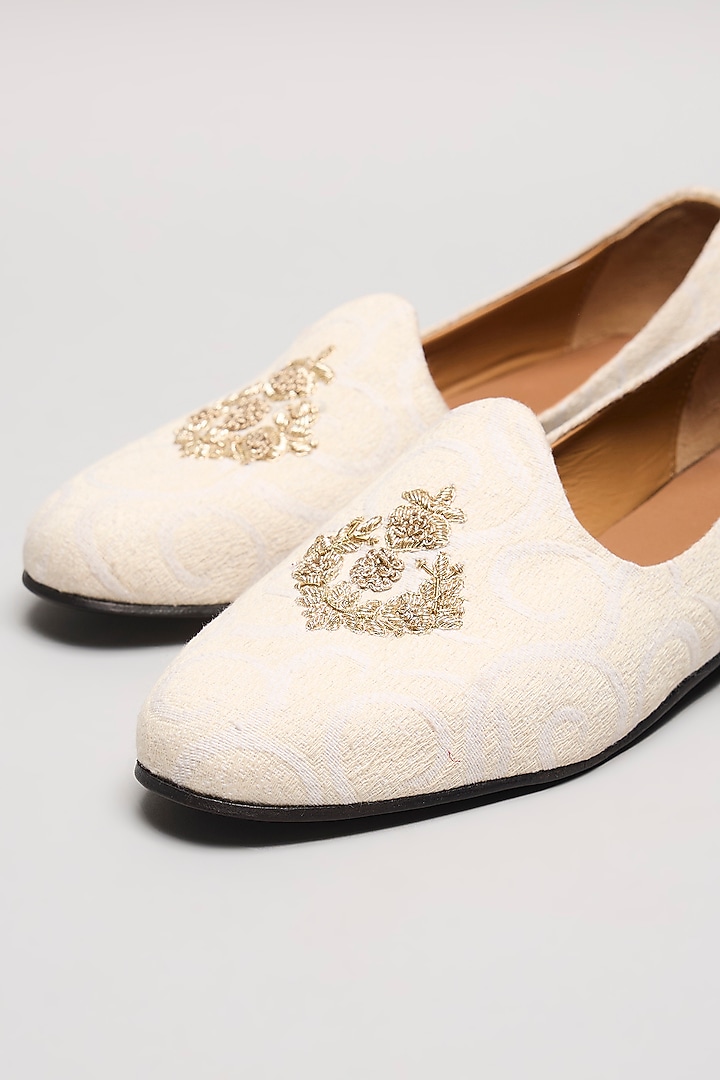 White Leather & Suede Embroidered Handcrafted Loafers by ARTIMEN at Pernia's Pop Up Shop