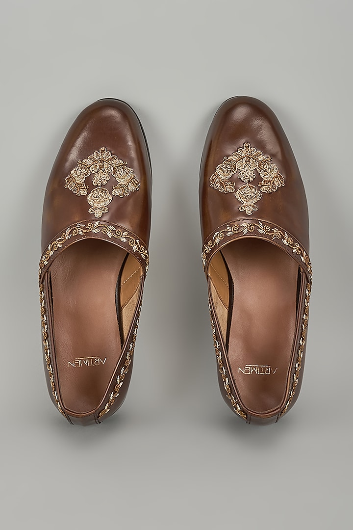 Brown Patent Leather Cutdana Handwork Loafers by ARTIMEN