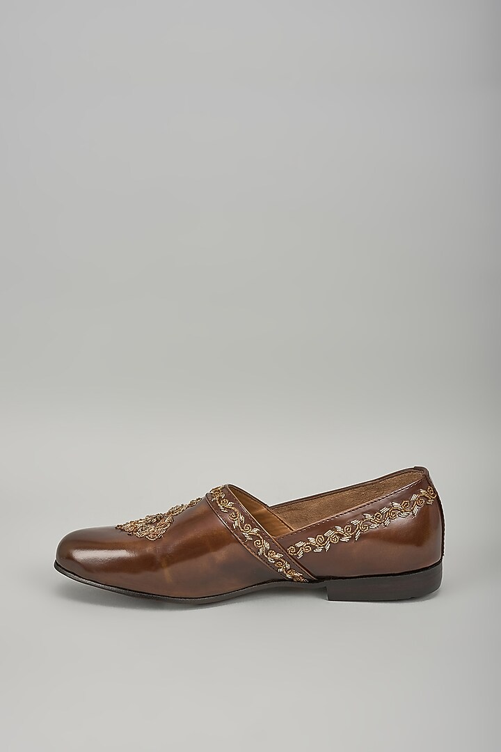 Brown Patent Leather Cutdana Handwork Loafers by ARTIMEN at Pernia's Pop Up Shop