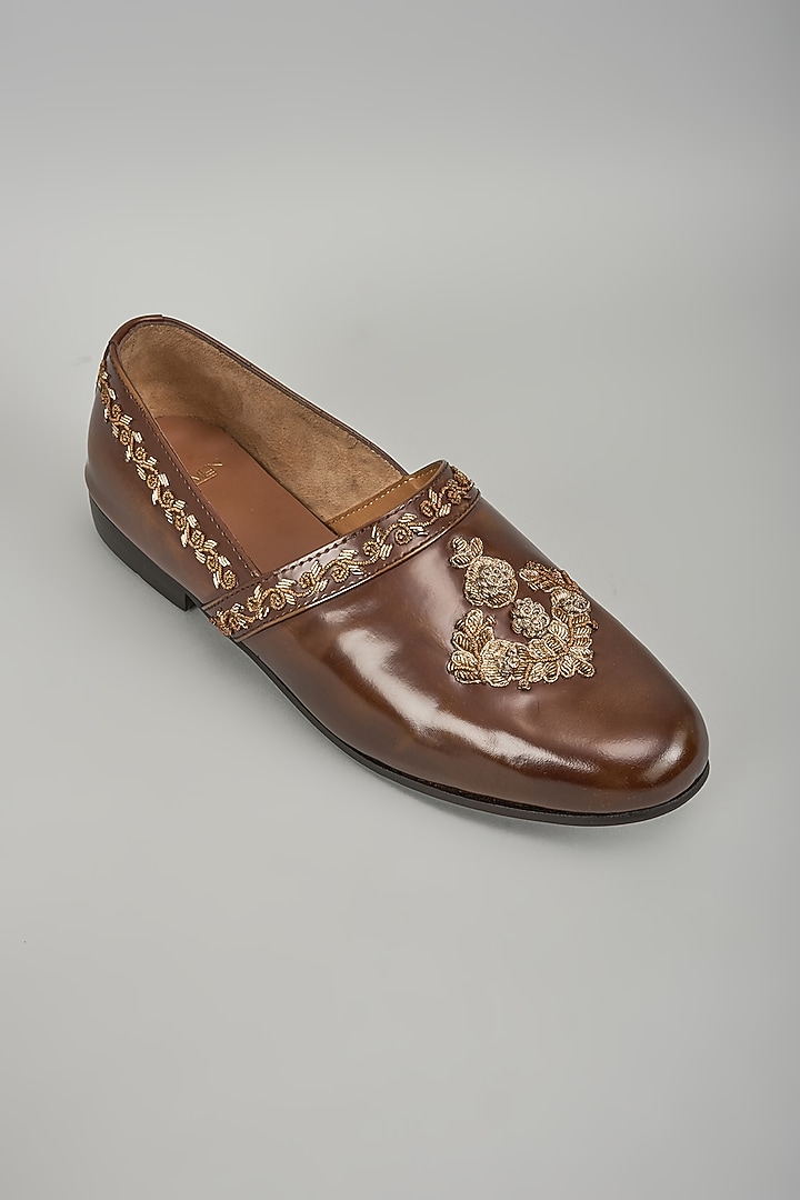 Brown Patent Leather Cutdana Handwork Loafers by ARTIMEN at Pernia's Pop Up Shop