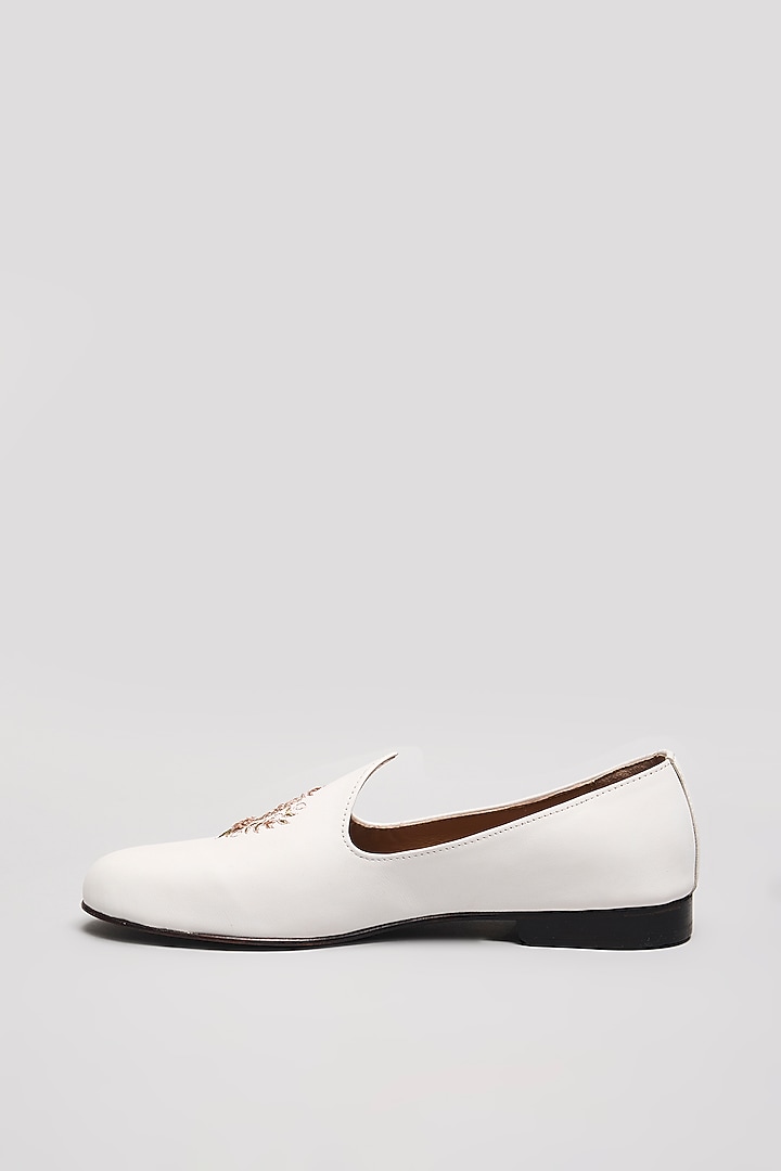 White Leather Embroidered Handcrafted Loafers by ARTIMEN at Pernia's Pop Up Shop