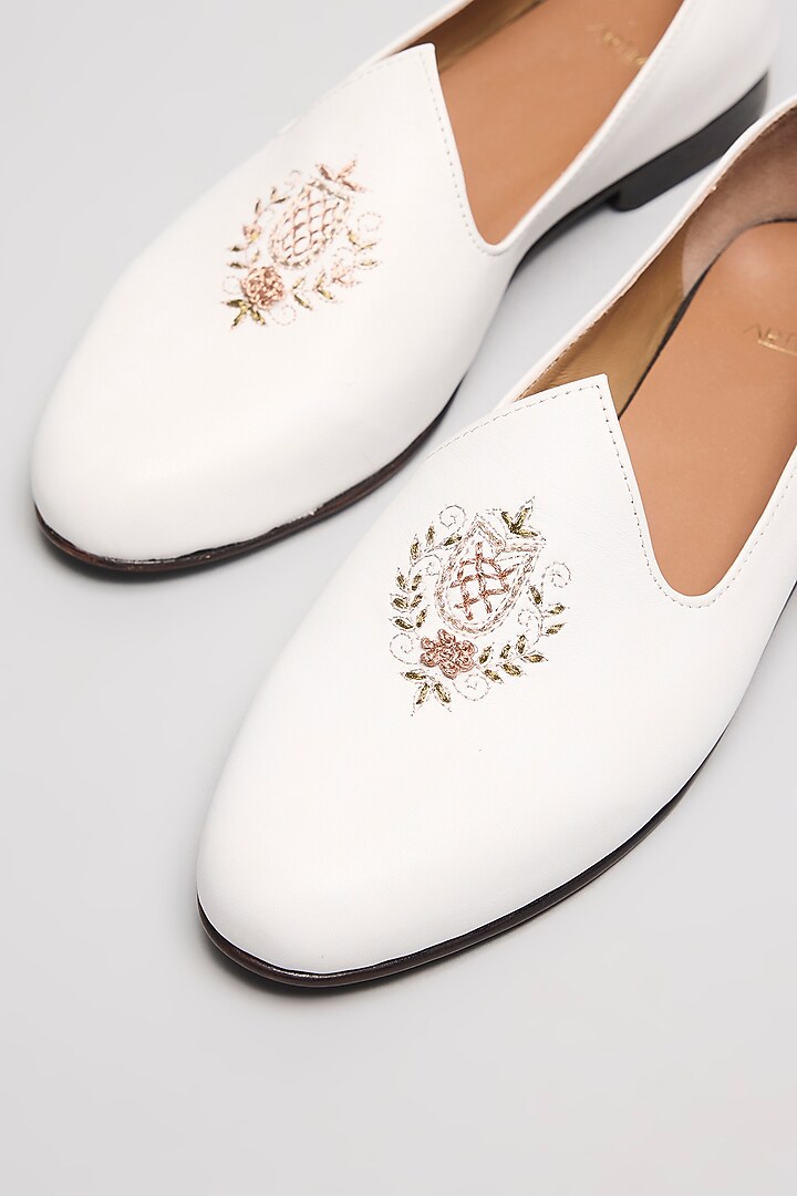 White Leather Embroidered Handcrafted Loafers by ARTIMEN at Pernia's Pop Up Shop