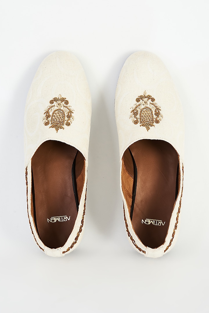 White Jacquard Hand Embroidered Shoes by ARTIMEN