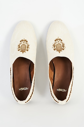 White Jacquard Hand Embroidered Shoes by ARTIMEN