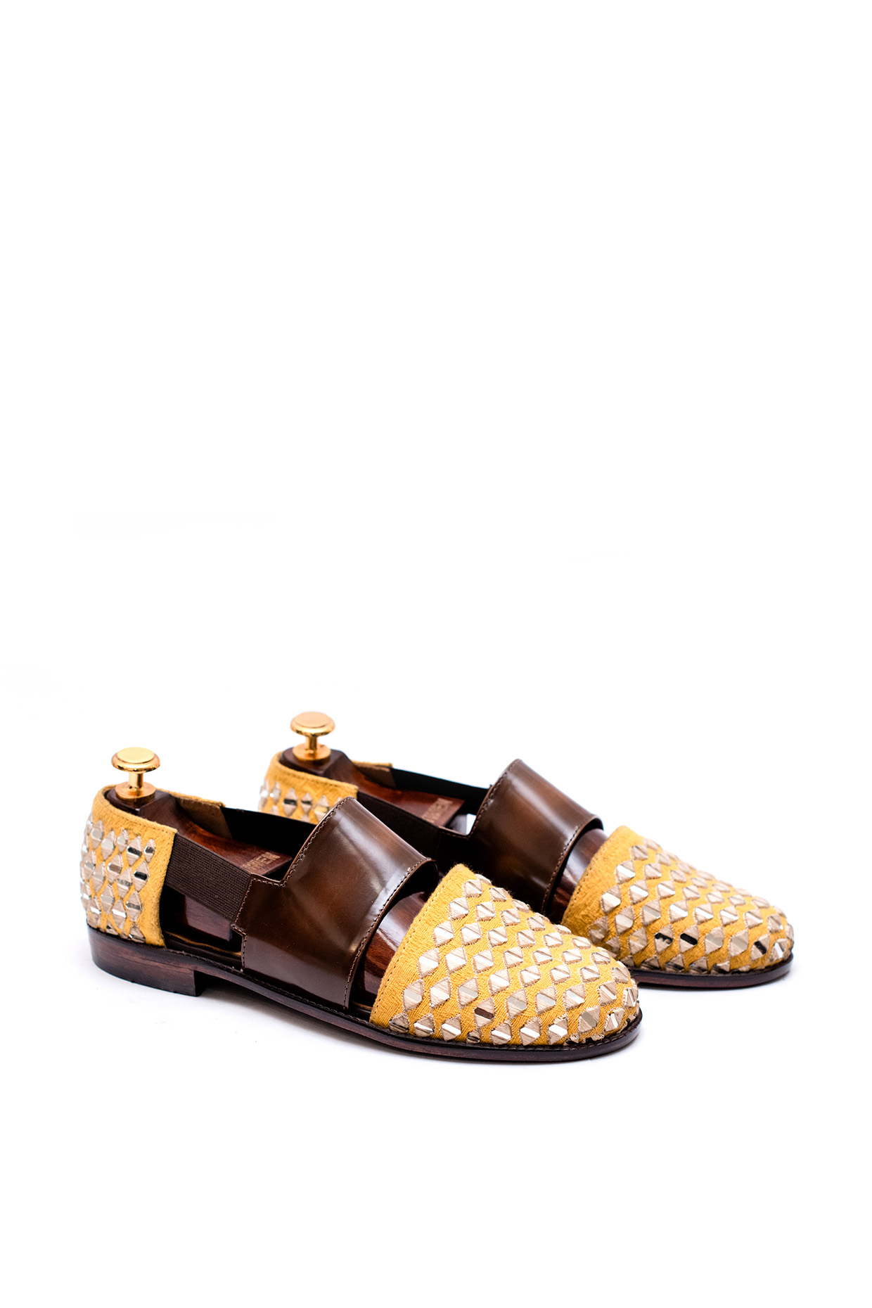 Canary Yellow & Burnt Brown Handcrafted Embroidered Sandals by ARTIMEN