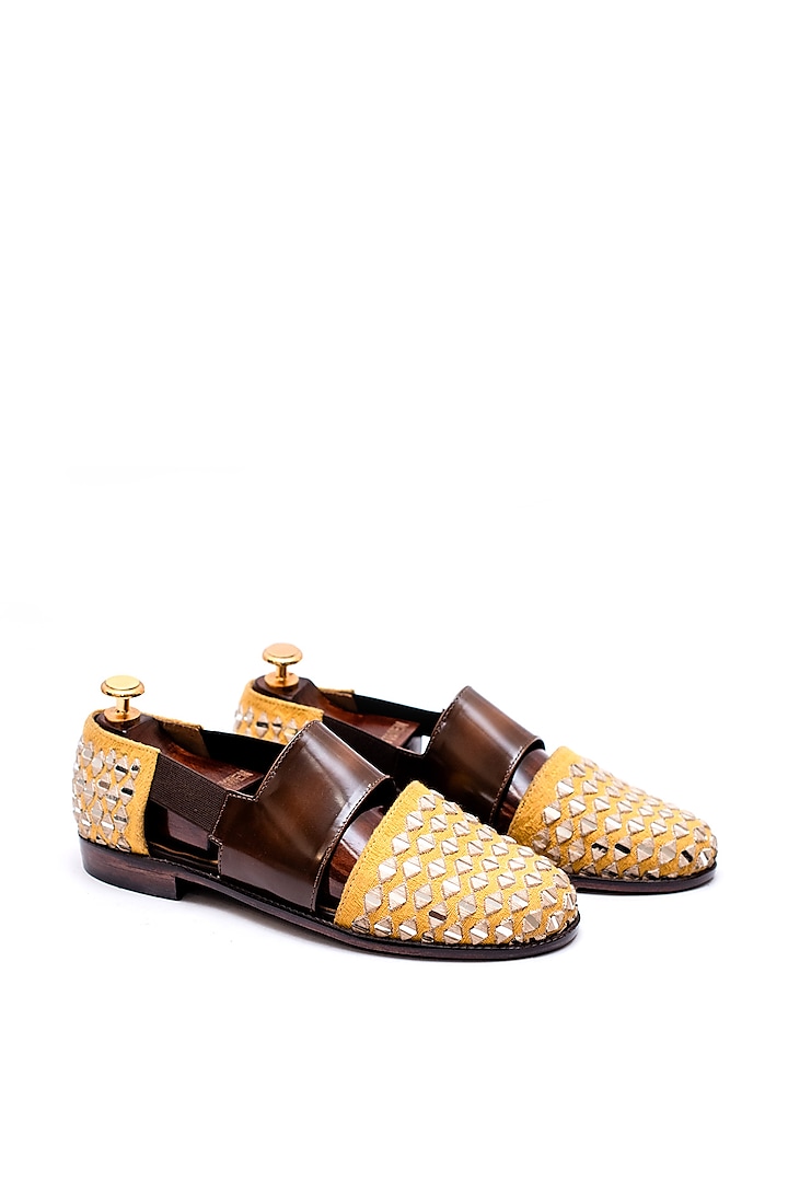 Canary Yellow & Burnt Brown Handcrafted Embroidered Sandals by ARTIMEN