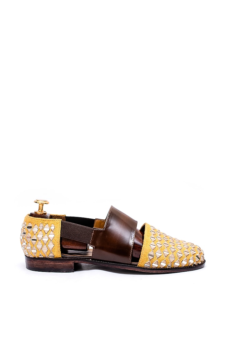 Canary Yellow & Burnt Brown Handcrafted Embroidered Sandals by ARTIMEN at Pernia's Pop Up Shop