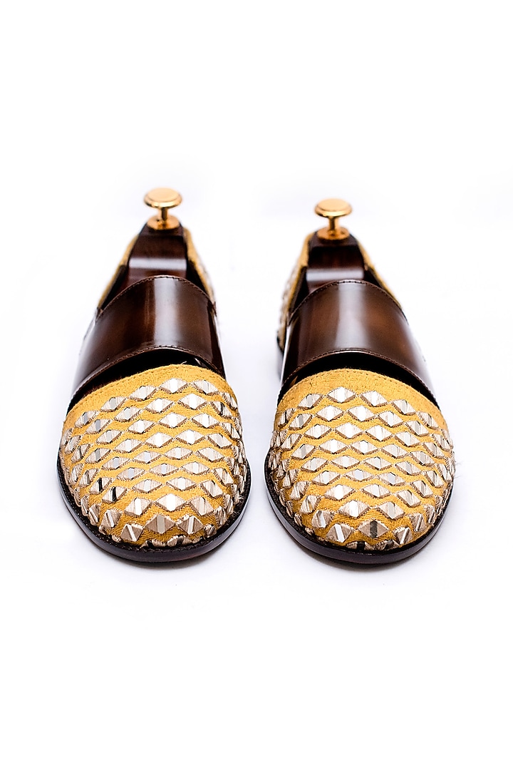 Canary Yellow & Burnt Brown Handcrafted Embroidered Sandals by ARTIMEN