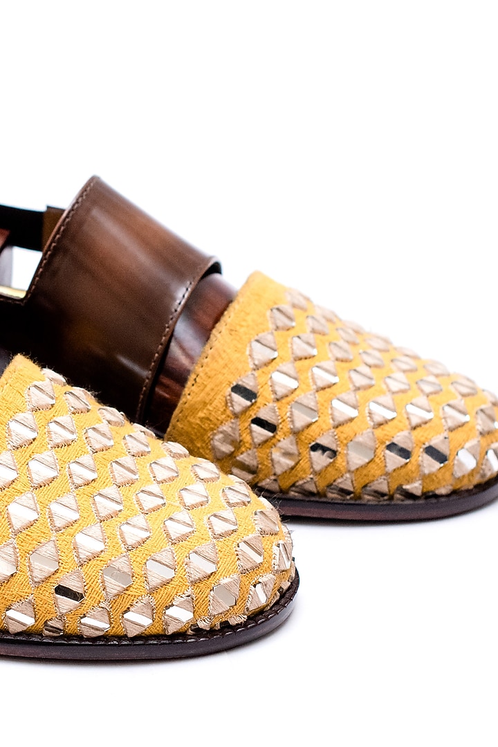 Canary Yellow & Burnt Brown Handcrafted Embroidered Sandals by ARTIMEN at Pernia's Pop Up Shop