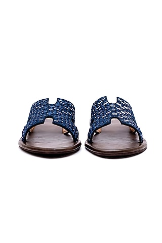 Blue Velvet Embroidered Slippers by ARTIMEN