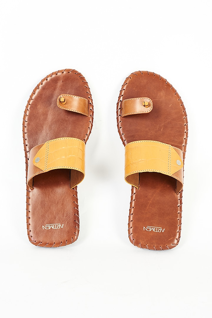 Brown & Yellow Leather Slippers by ARTIMEN