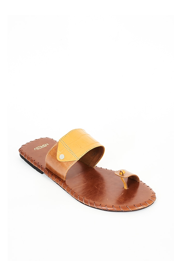 Brown & Yellow Leather Slippers by ARTIMEN at Pernia's Pop Up Shop