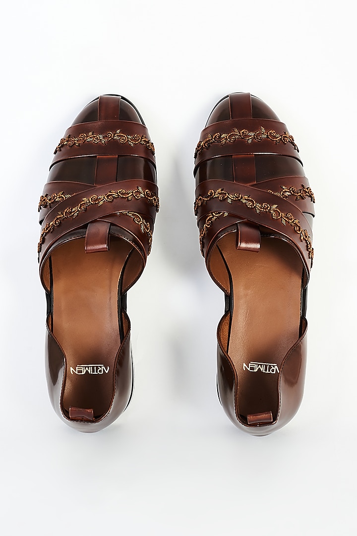 Brown Leather Hand Embroidered Shoes by ARTIMEN