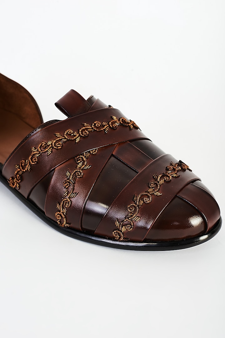 Brown Leather Hand Embroidered Shoes by ARTIMEN at Pernia's Pop Up Shop