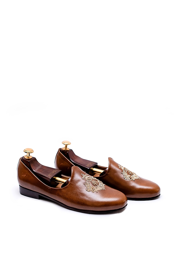 Burnt Tan Hand Embroidered Juttis by ARTIMEN
