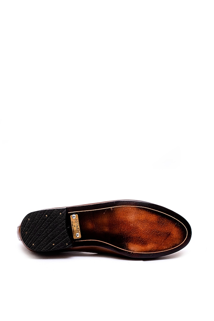 Burnt Tan Leather Hand Embroidered Juttis by ARTIMEN at Pernia's Pop Up Shop