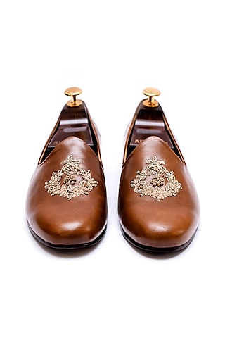 Burnt Tan Leather Hand Embroidered Juttis by ARTIMEN