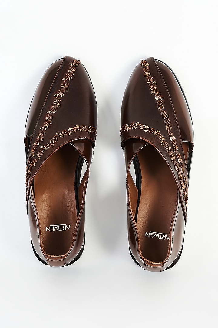 Brown Leather Hand Embroidered Shoes by ARTIMEN