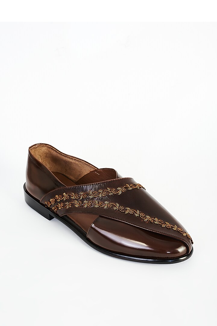 Brown Leather Hand Embroidered Shoes by ARTIMEN at Pernia's Pop Up Shop