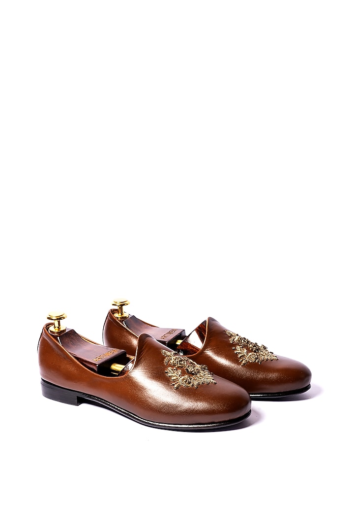 Burnt Tan Leather Hand Embroidered Loafers by ARTIMEN at Pernia's Pop Up Shop