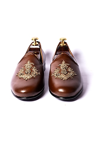Burnt Tan Leather Hand Embroidered Loafers by ARTIMEN