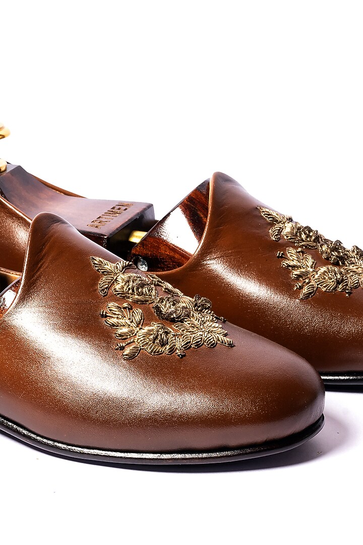 Burnt Tan Leather Hand Embroidered Loafers by ARTIMEN at Pernia's Pop Up Shop