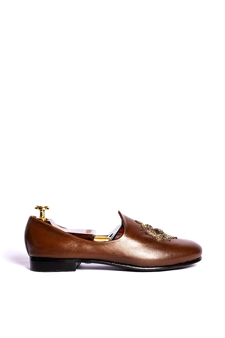 Burnt Tan Leather Hand Embroidered Loafers by ARTIMEN at Pernia's Pop Up Shop