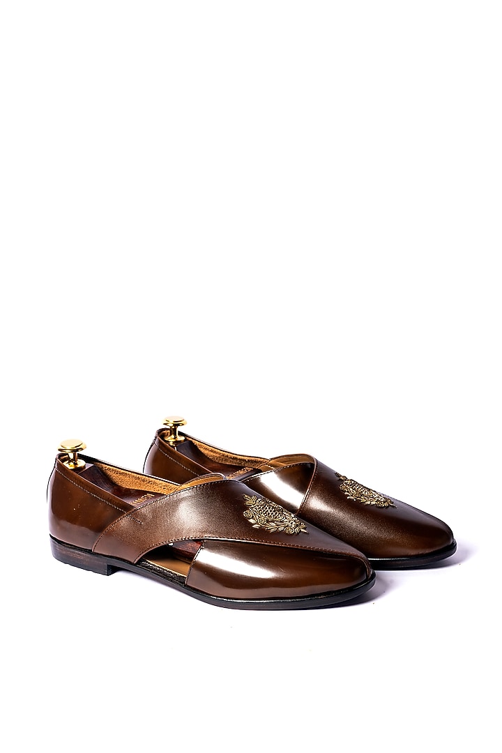 Brown Leather Hand Embroidered Loafers by ARTIMEN at Pernia's Pop Up Shop