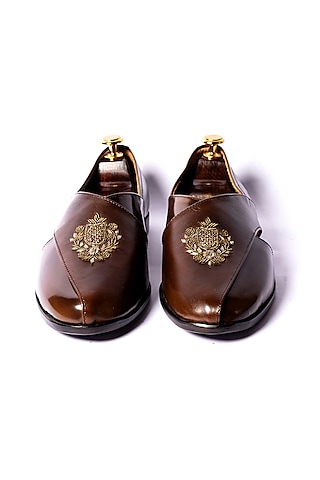 Brown Leather Hand Embroidered Loafers by ARTIMEN