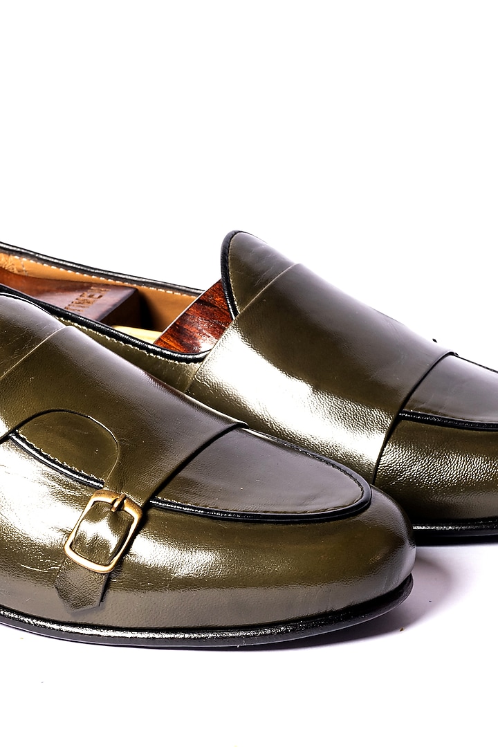 Green Leather Monk Loafers by ARTIMEN at Pernia's Pop Up Shop