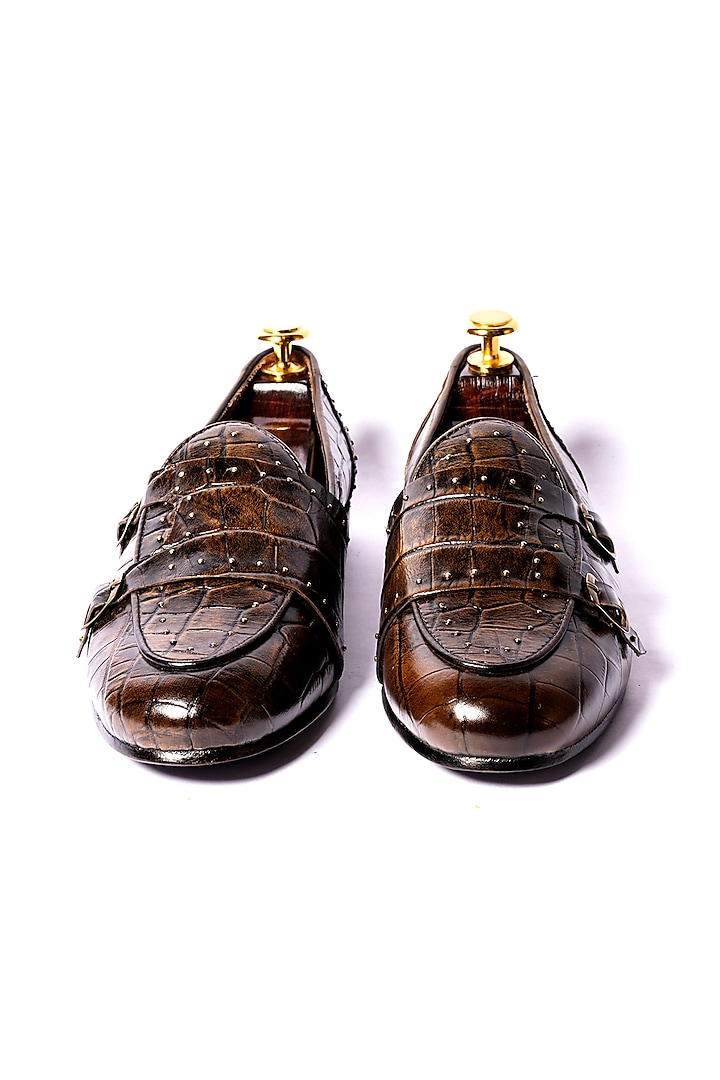 Burnt Brown Leather Monk Loafers by ARTIMEN