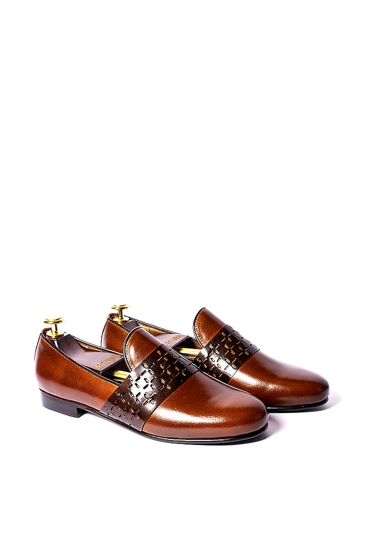 Tan Leather Cut Strip Loafers by ARTIMEN at Pernia's Pop Up Shop