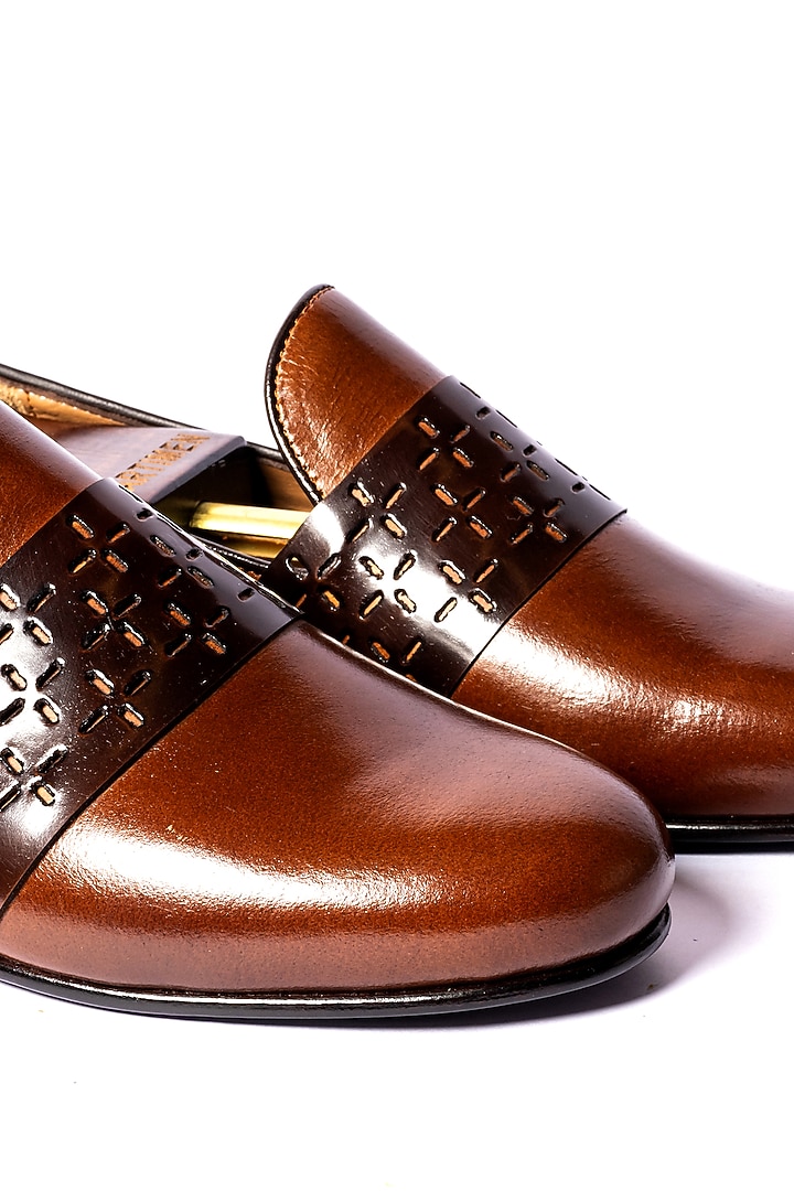 Tan Leather Cut Strip Loafers by ARTIMEN at Pernia's Pop Up Shop