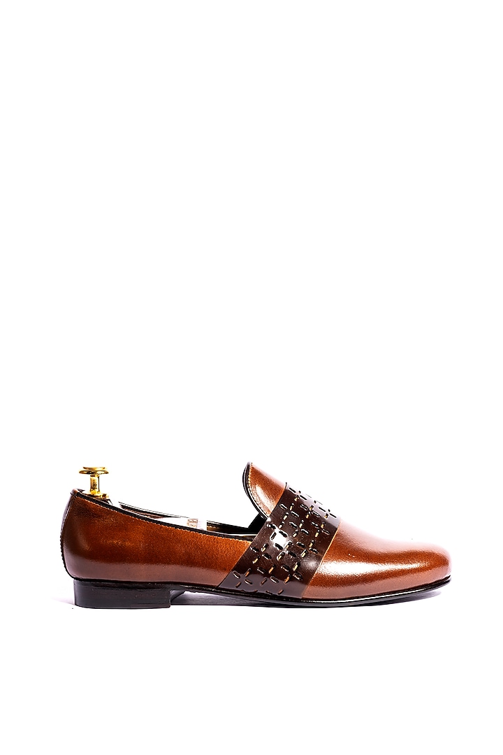 Tan Leather Cut Strip Loafers by ARTIMEN at Pernia's Pop Up Shop