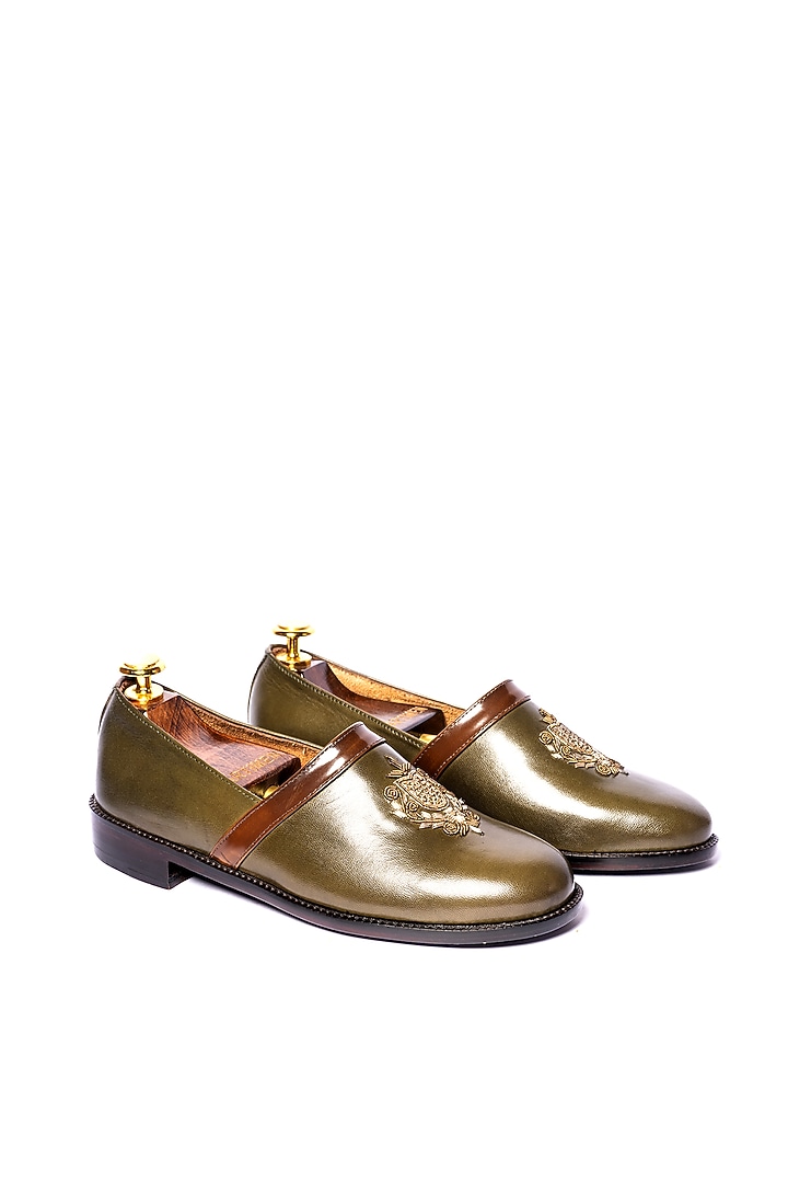 Green Leather Hand Embroidered Loafers by ARTIMEN at Pernia's Pop Up Shop
