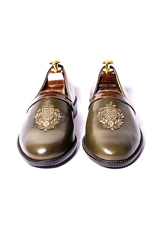 Green Leather Hand Embroidered Loafers by ARTIMEN