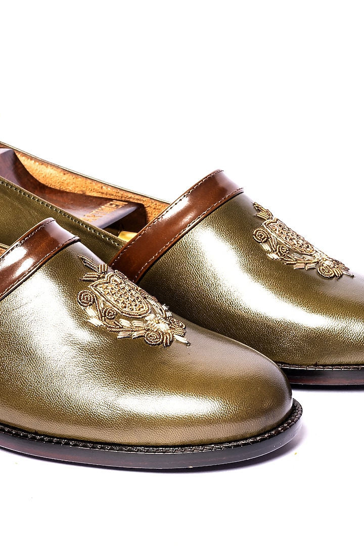 Green Leather Hand Embroidered Loafers by ARTIMEN at Pernia's Pop Up Shop