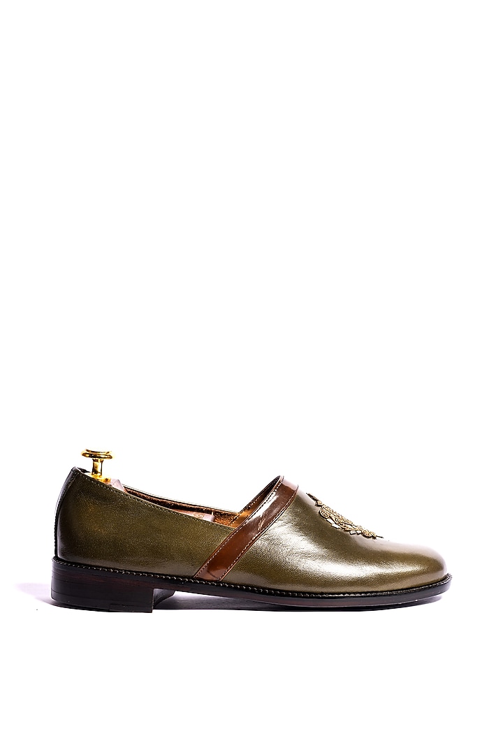 Green Leather Hand Embroidered Loafers by ARTIMEN at Pernia's Pop Up Shop