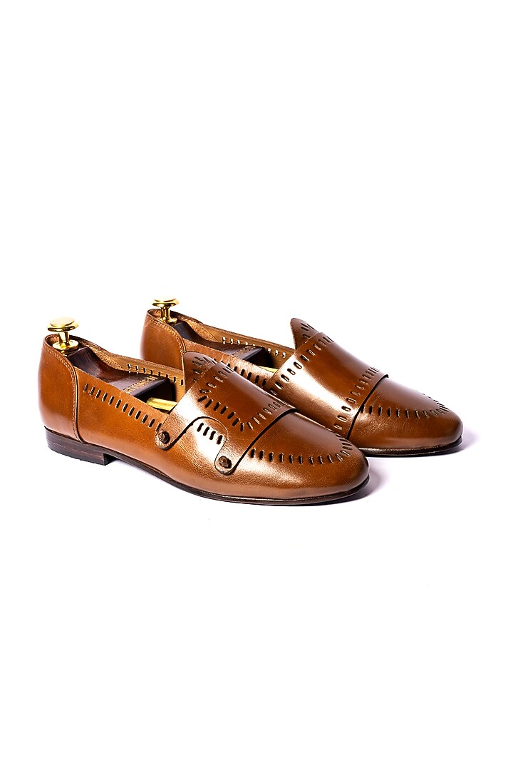 Tan Leather Cut Punch Monk Loafers by ARTIMEN at Pernia's Pop Up Shop