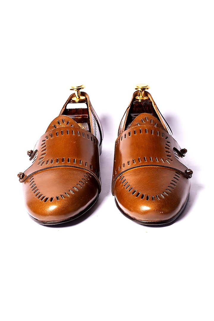 Tan Leather Cut Punch Monk Loafers by ARTIMEN