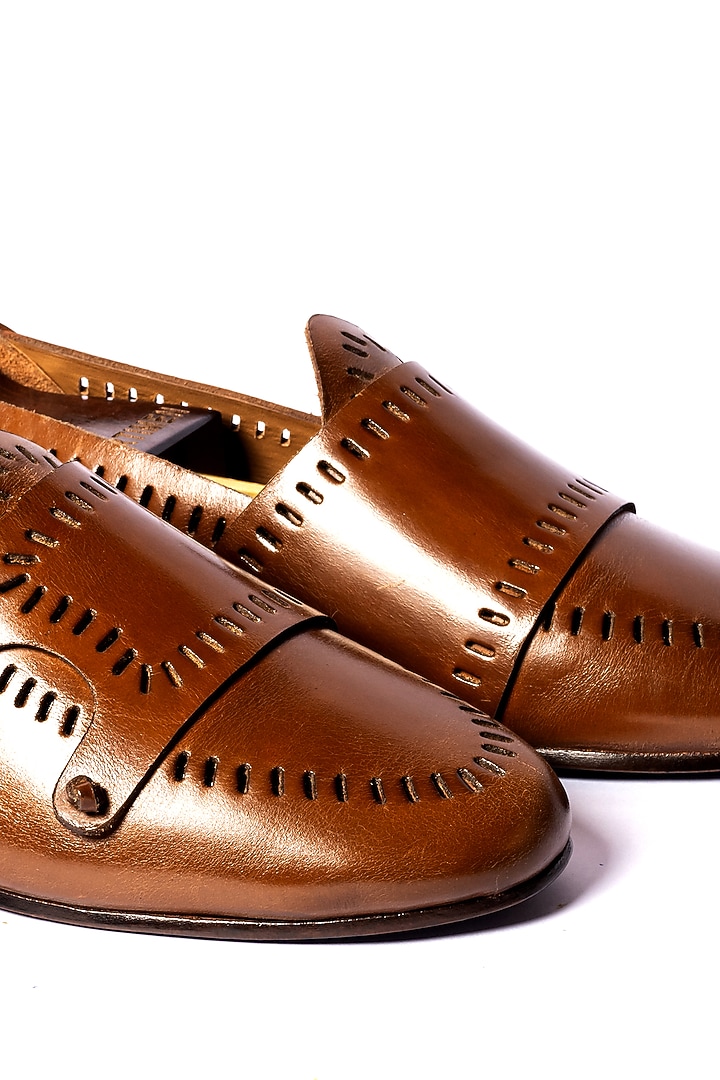 Tan Leather Cut Punch Monk Loafers by ARTIMEN at Pernia's Pop Up Shop