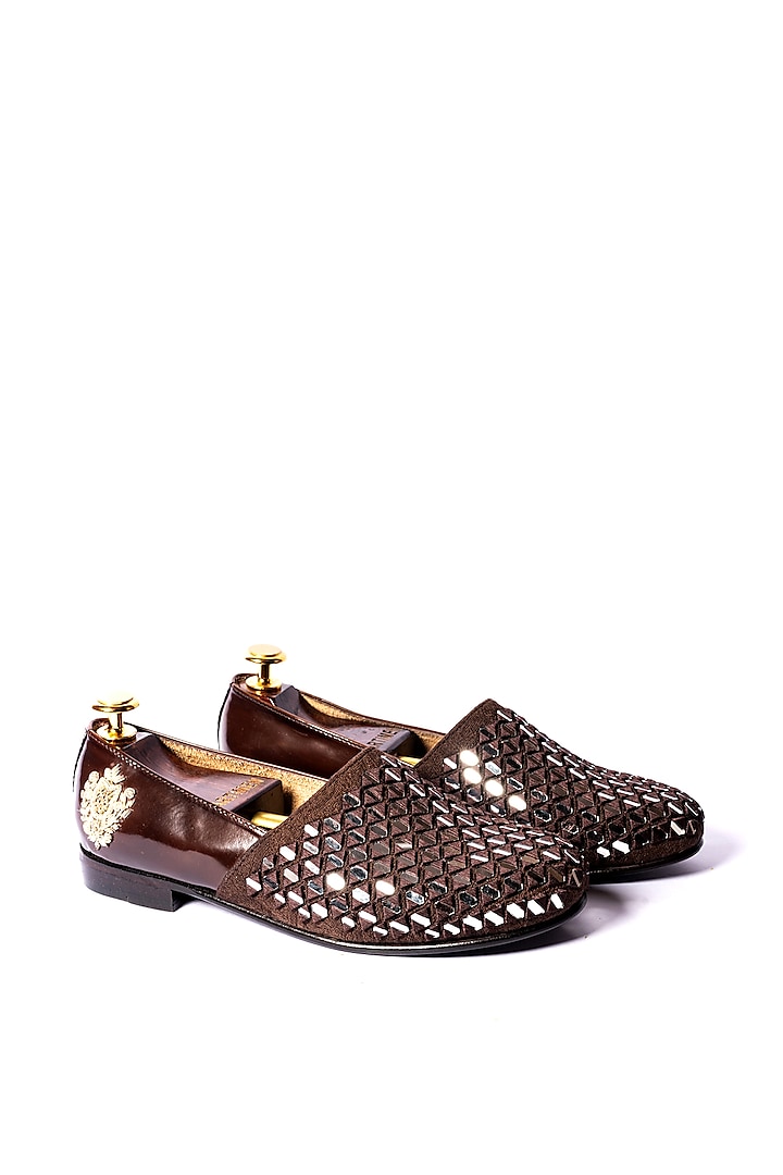 Brown Mirror Embroidered Loafers by ARTIMEN