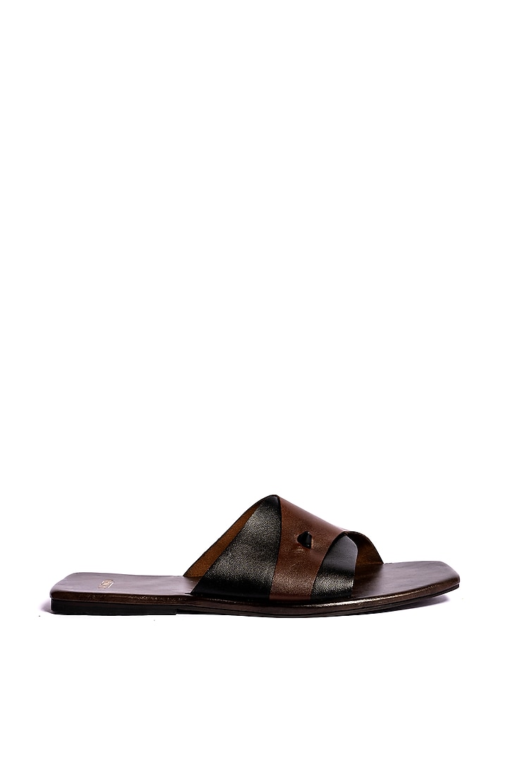 Burnt Tan & Black Leather Slippers by ARTIMEN at Pernia's Pop Up Shop